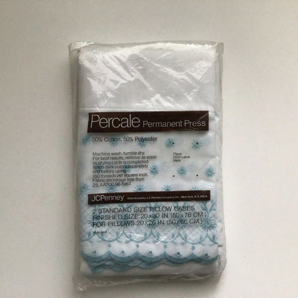Vintage White and Blue Eyelet Percale Pillowcases Standard Pair New in Package